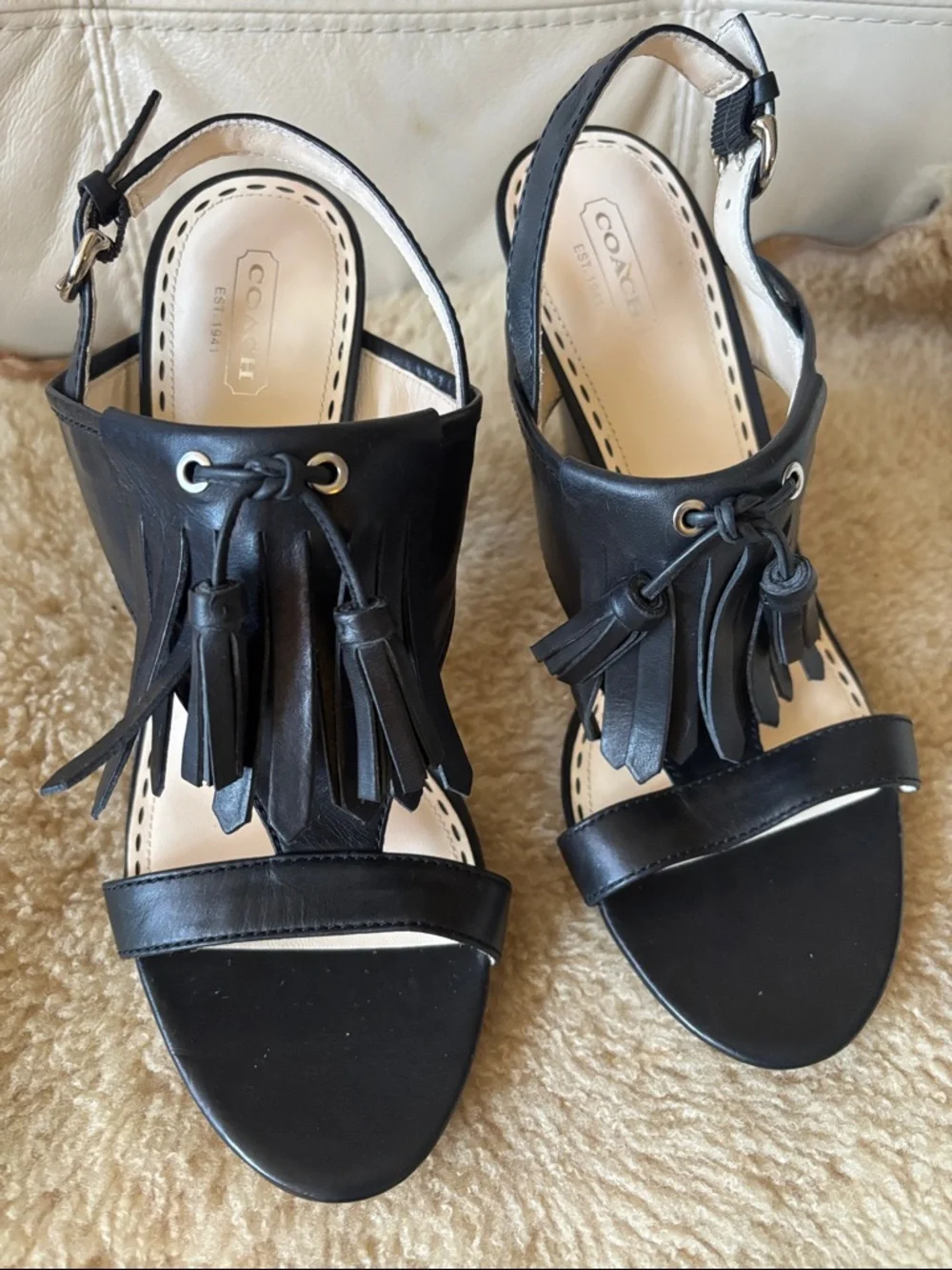 Coach Black Leather Tassel Slingback Sandals with Ankle Strap - Picture 2 of 11